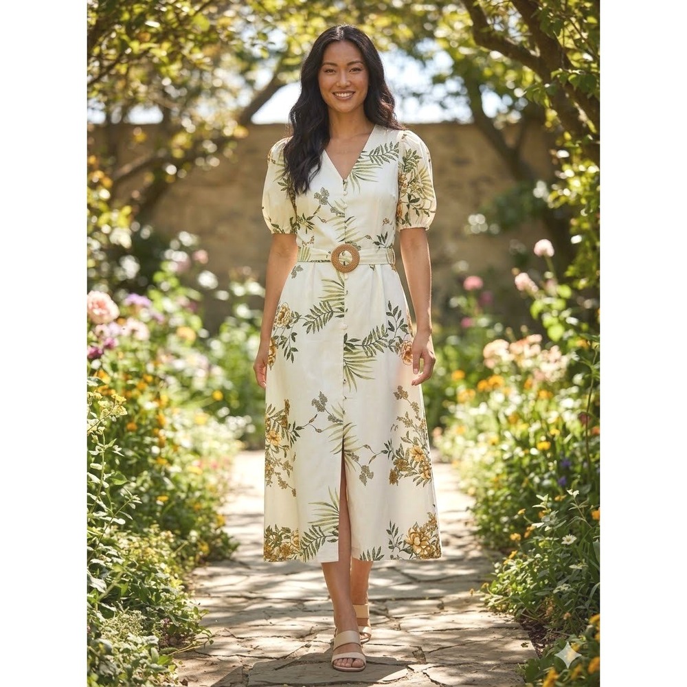 Calypso St Barth Floral Maxi Dress White Yellow Green Belted Button Front Small